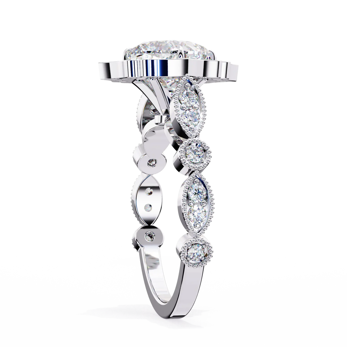 Silver ring with multiple diamond stones on a white background