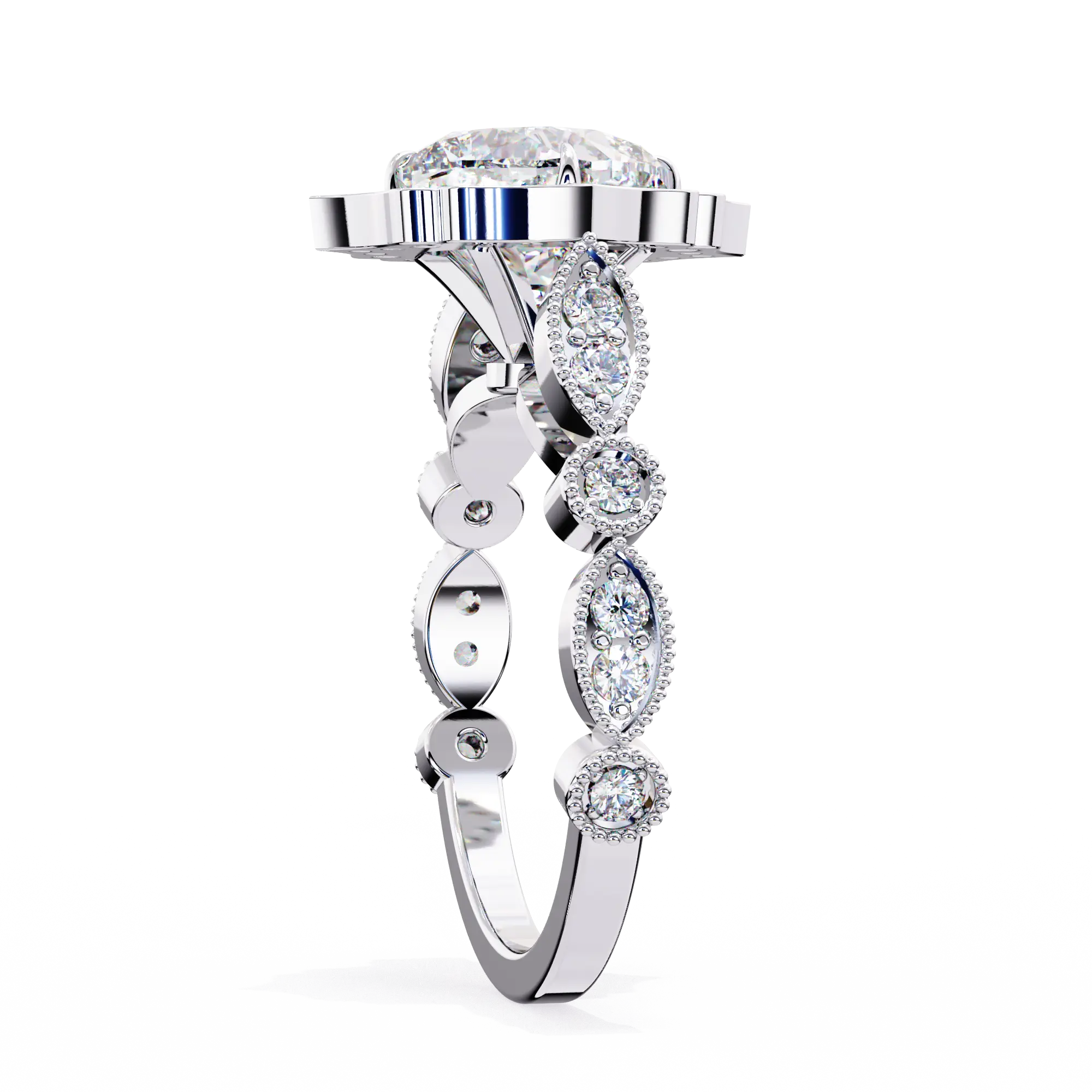 Silver ring with multiple diamond stones on a white background