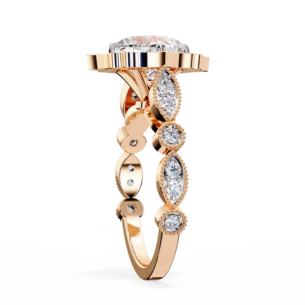 Rose gold ring with diamond accents on a white background