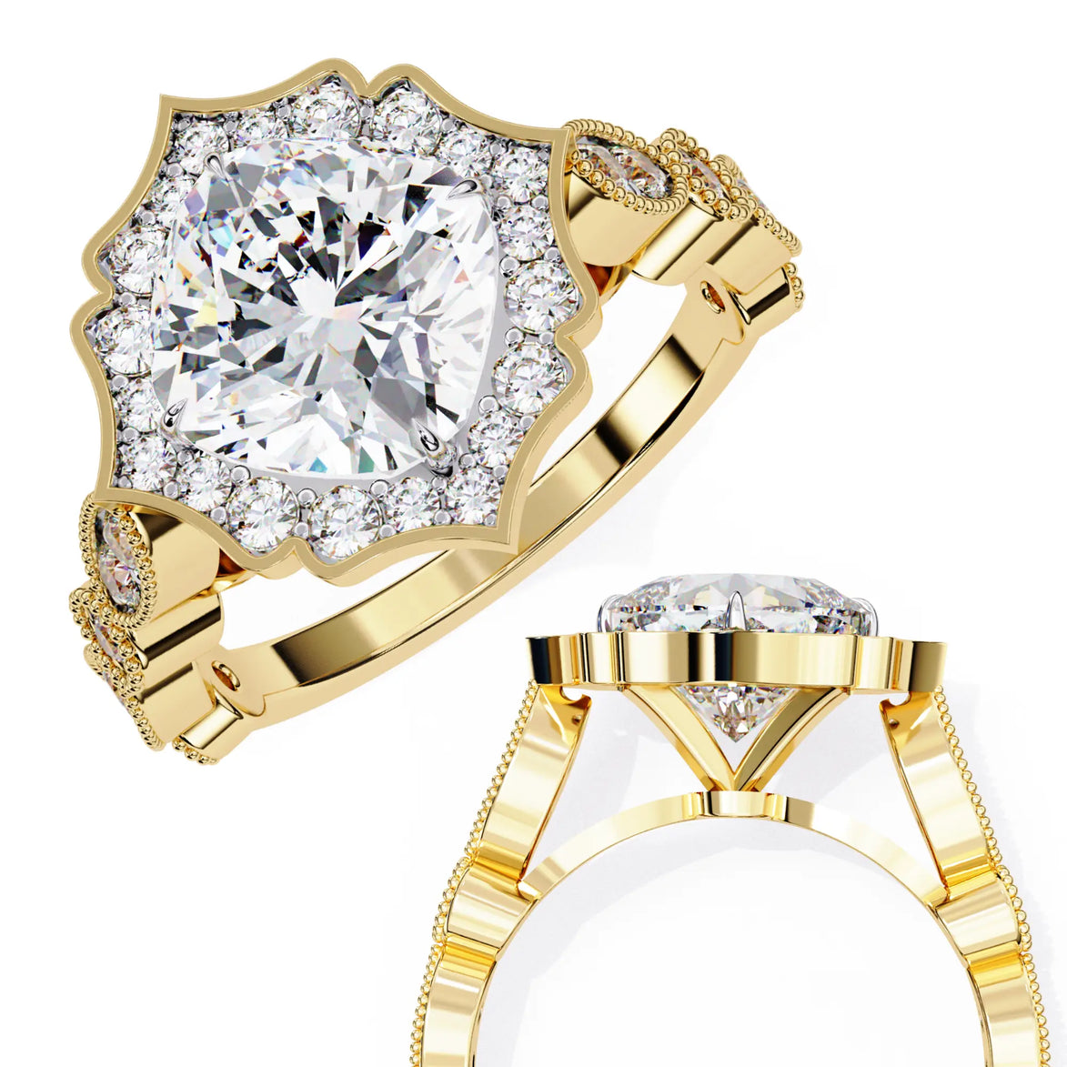 Two gold rings with diamond accents on a white background