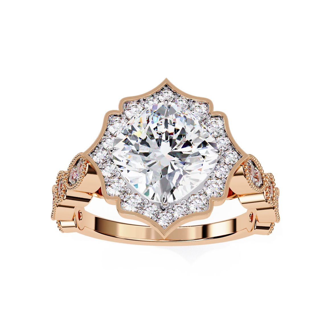 Rose gold ring with a large diamond and smaller diamonds on a white background
