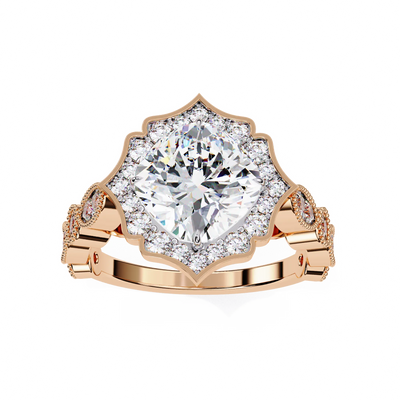 Rose gold ring with a large diamond and smaller diamonds on a white background