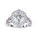 Silver ring with a large diamond and smaller diamonds on a white background