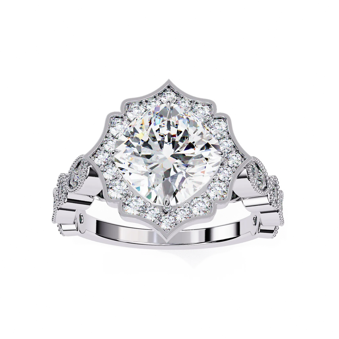 Silver ring with a large diamond and smaller diamonds on a white background