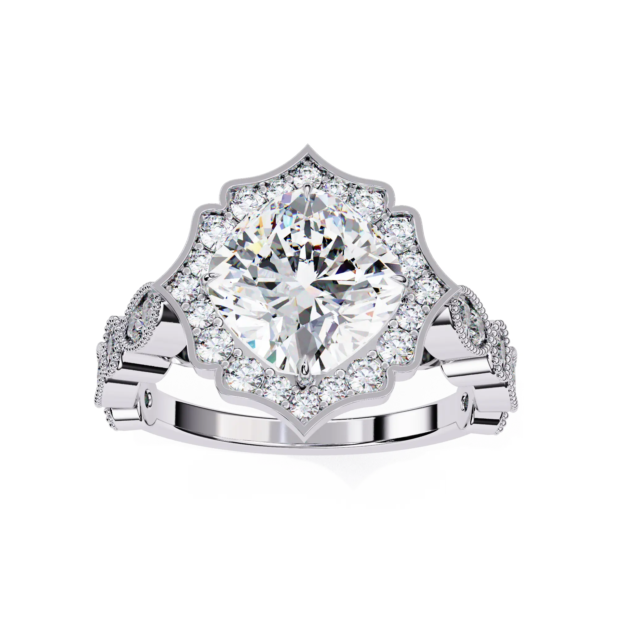 Silver ring with a large diamond and smaller diamonds on a white background