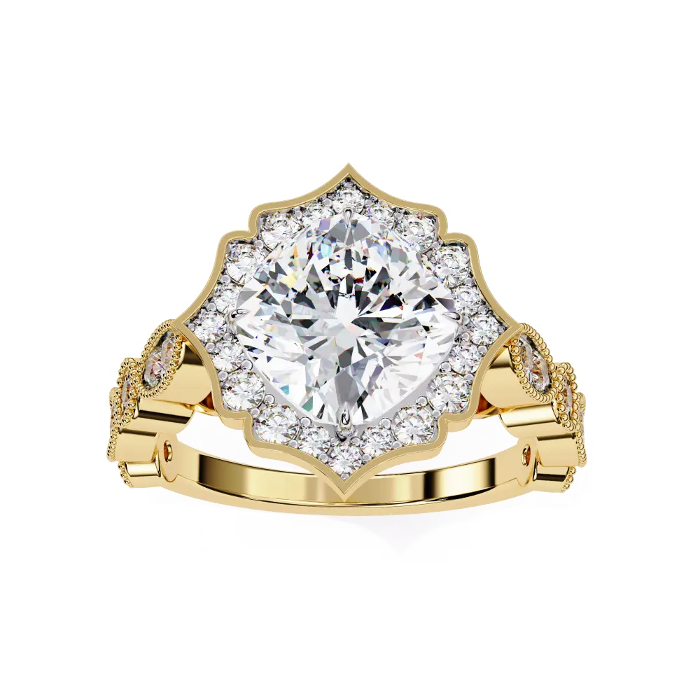 Gold ring with a large diamond and smaller diamonds on a white background