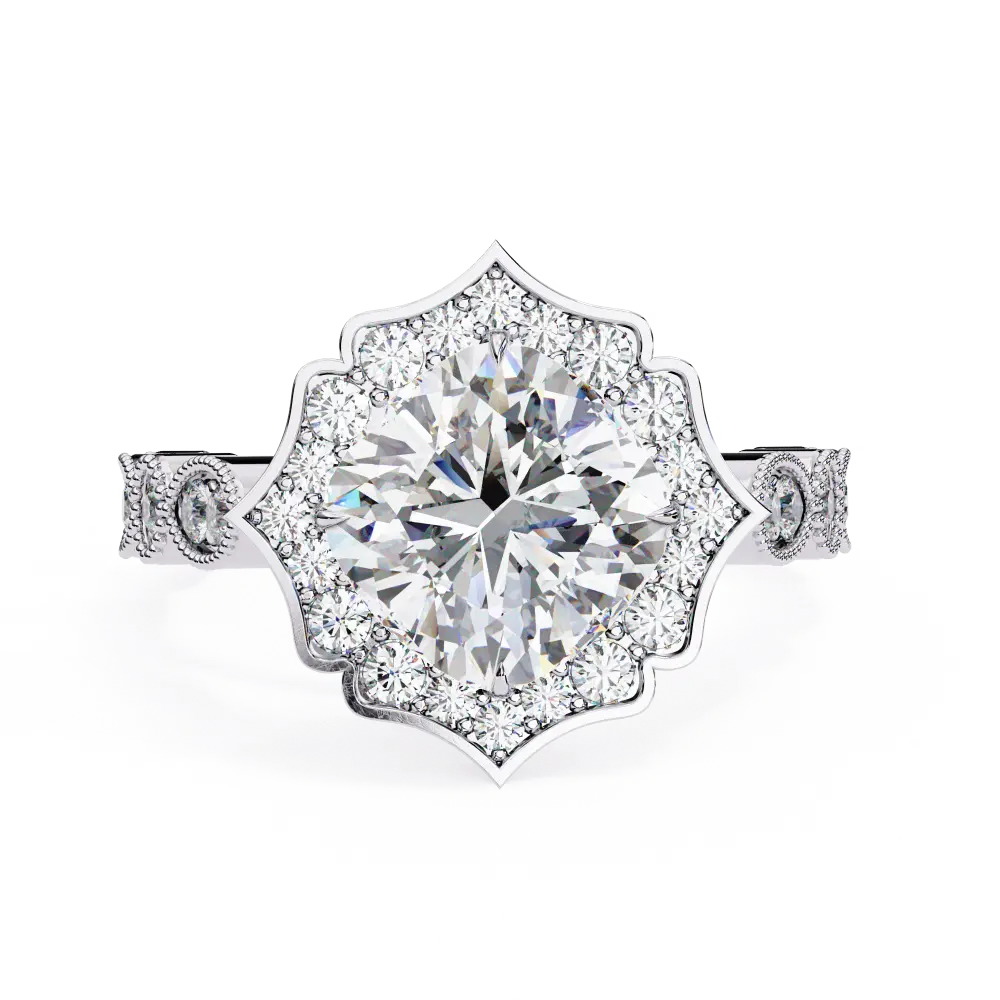 Diamond ring with a floral halo on a white background