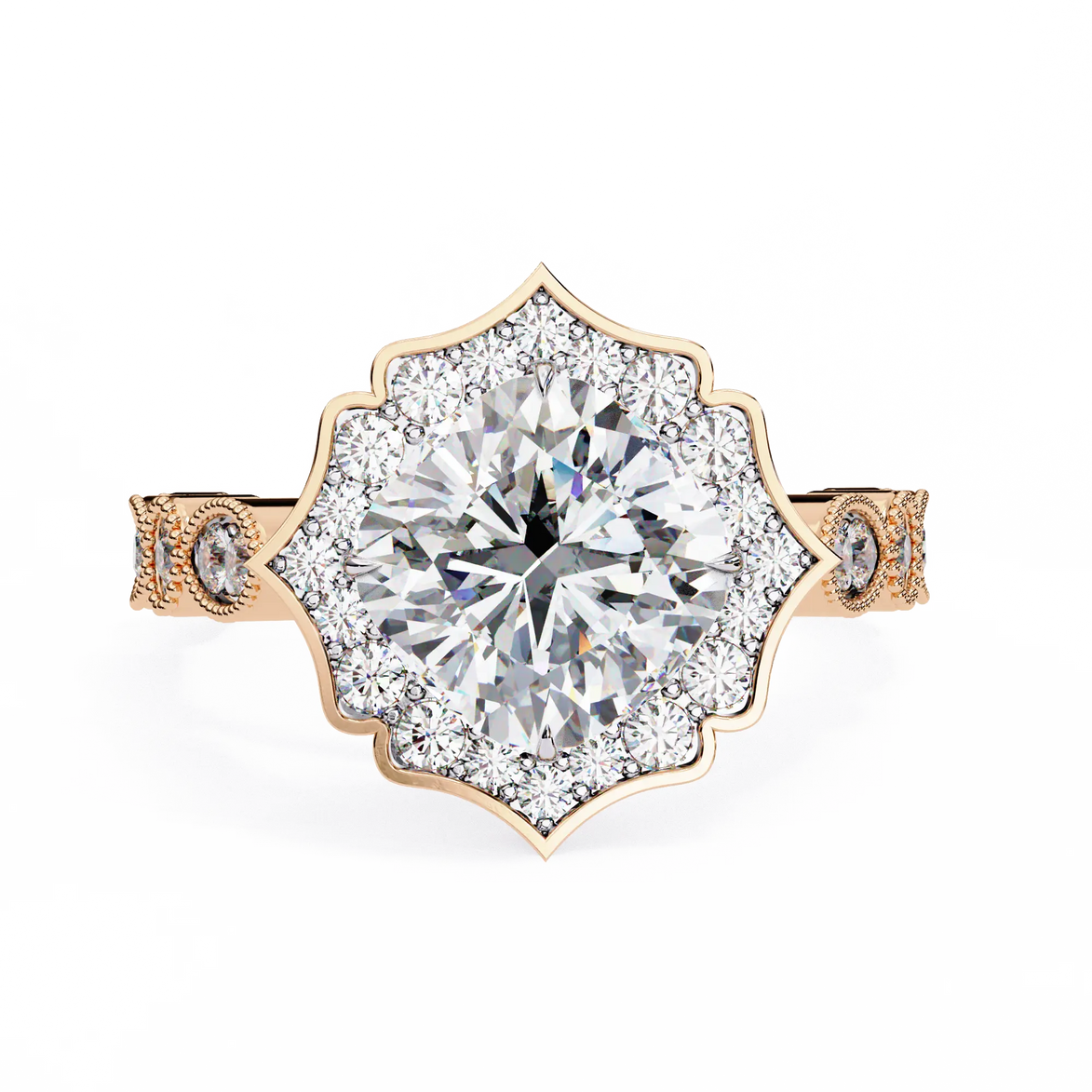 Diamond ring with rose gold setting on a white background