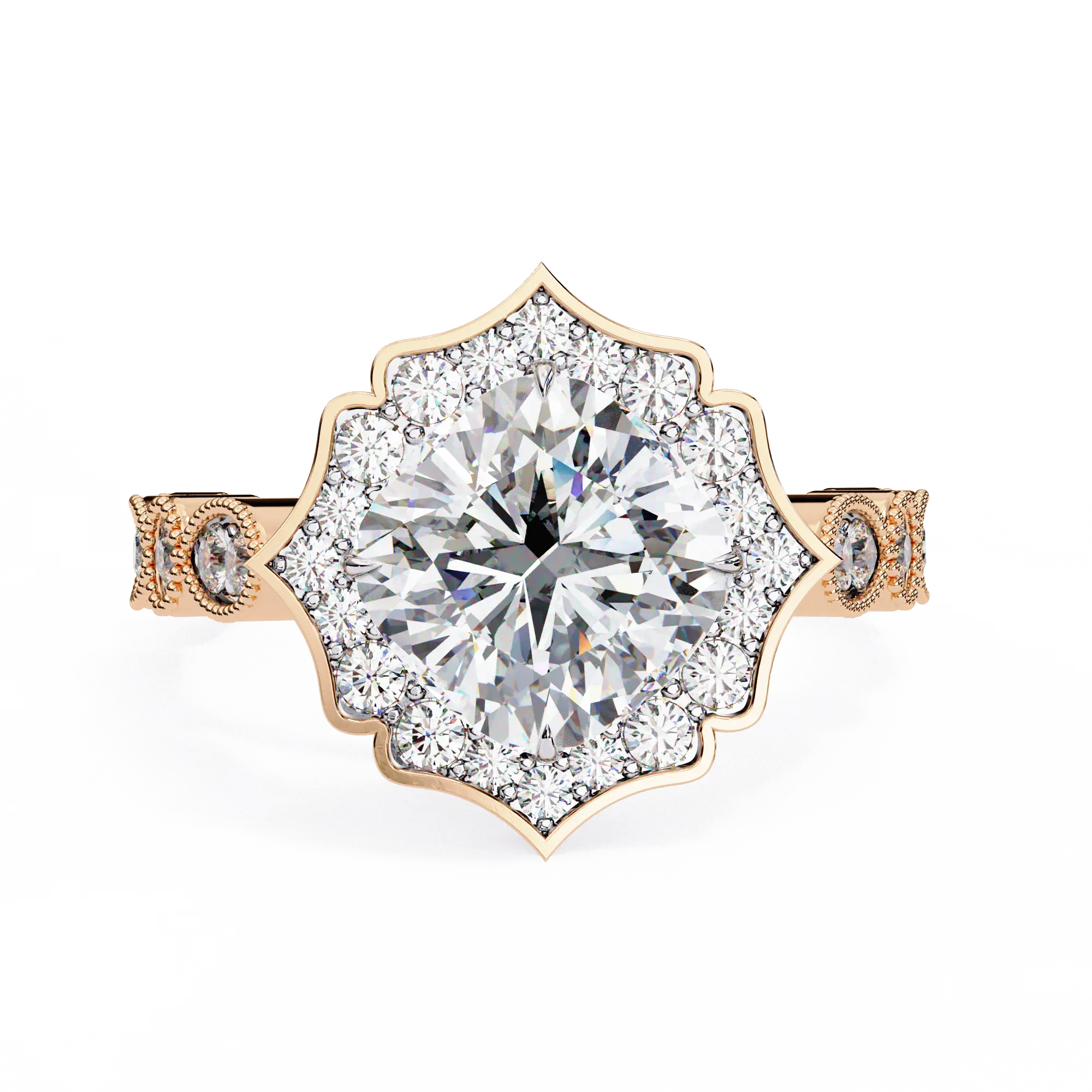 Diamond ring with rose gold setting on a white background