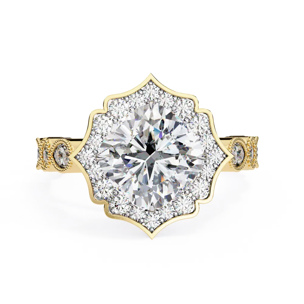 Gold ring with a large diamond and smaller diamonds on a white background