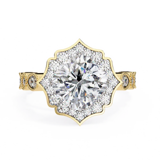 Gold ring with a large diamond and smaller diamonds on a white background