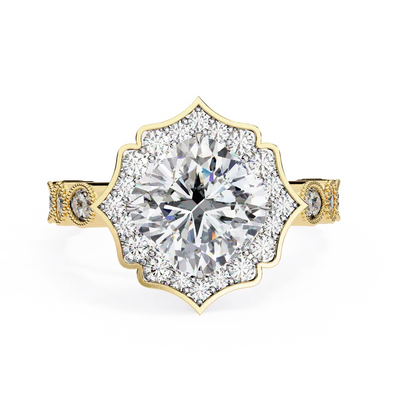 Gold ring with a large diamond and smaller diamonds on a white background