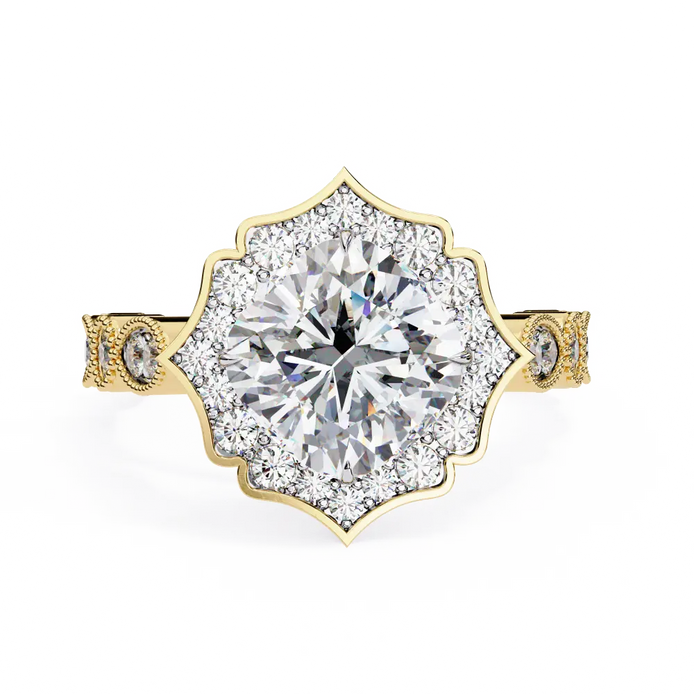 Gold ring with a large diamond and smaller diamonds on a white background
