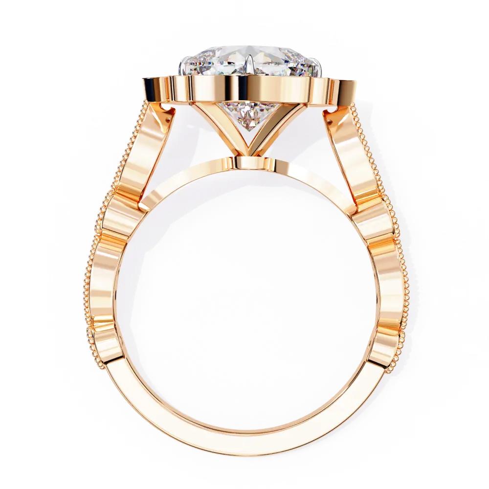 Rose gold ring with a diamond on a white background