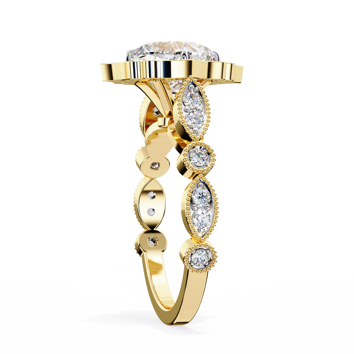 Gold ring with diamond accents on a white background