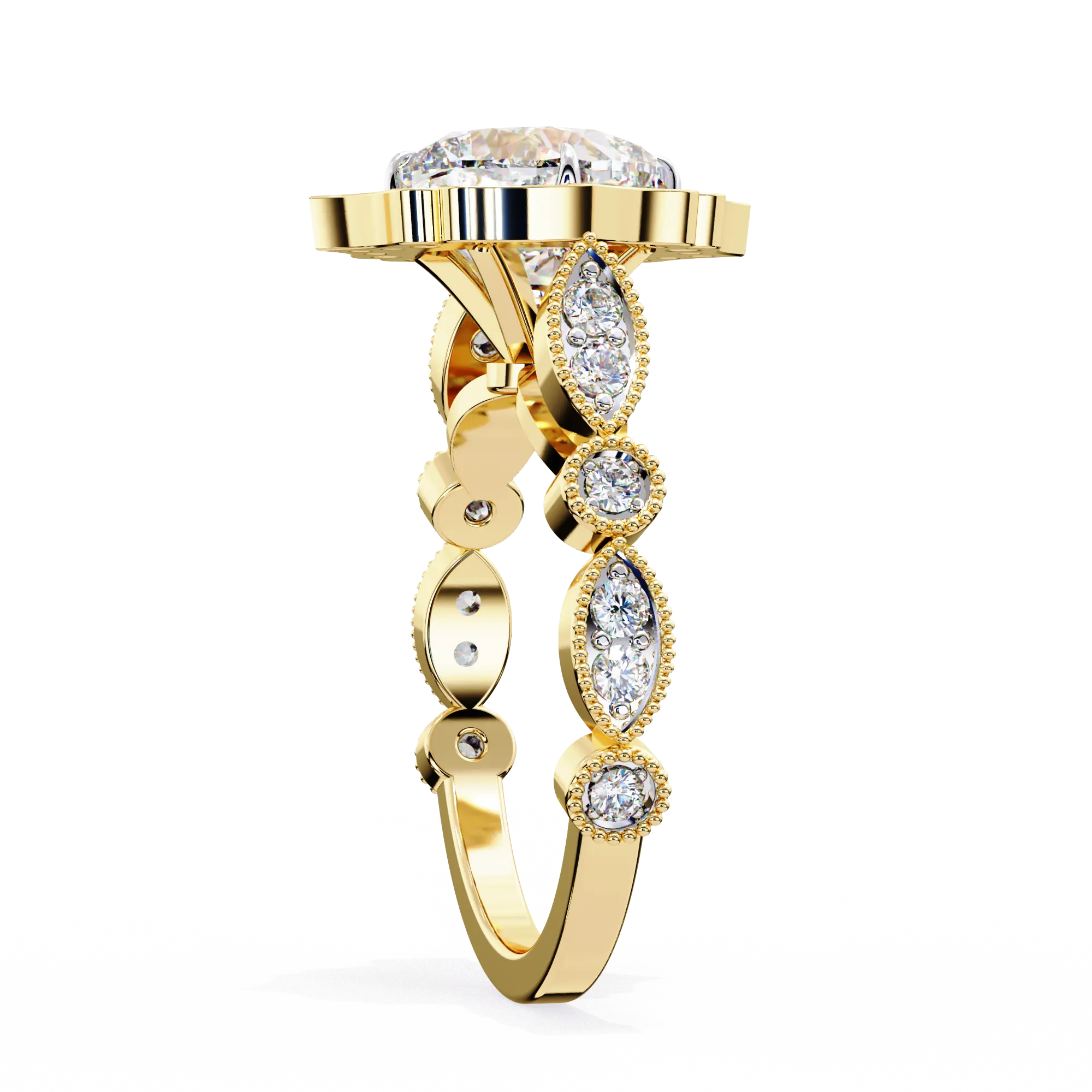 Gold ring with diamond accents on a white background