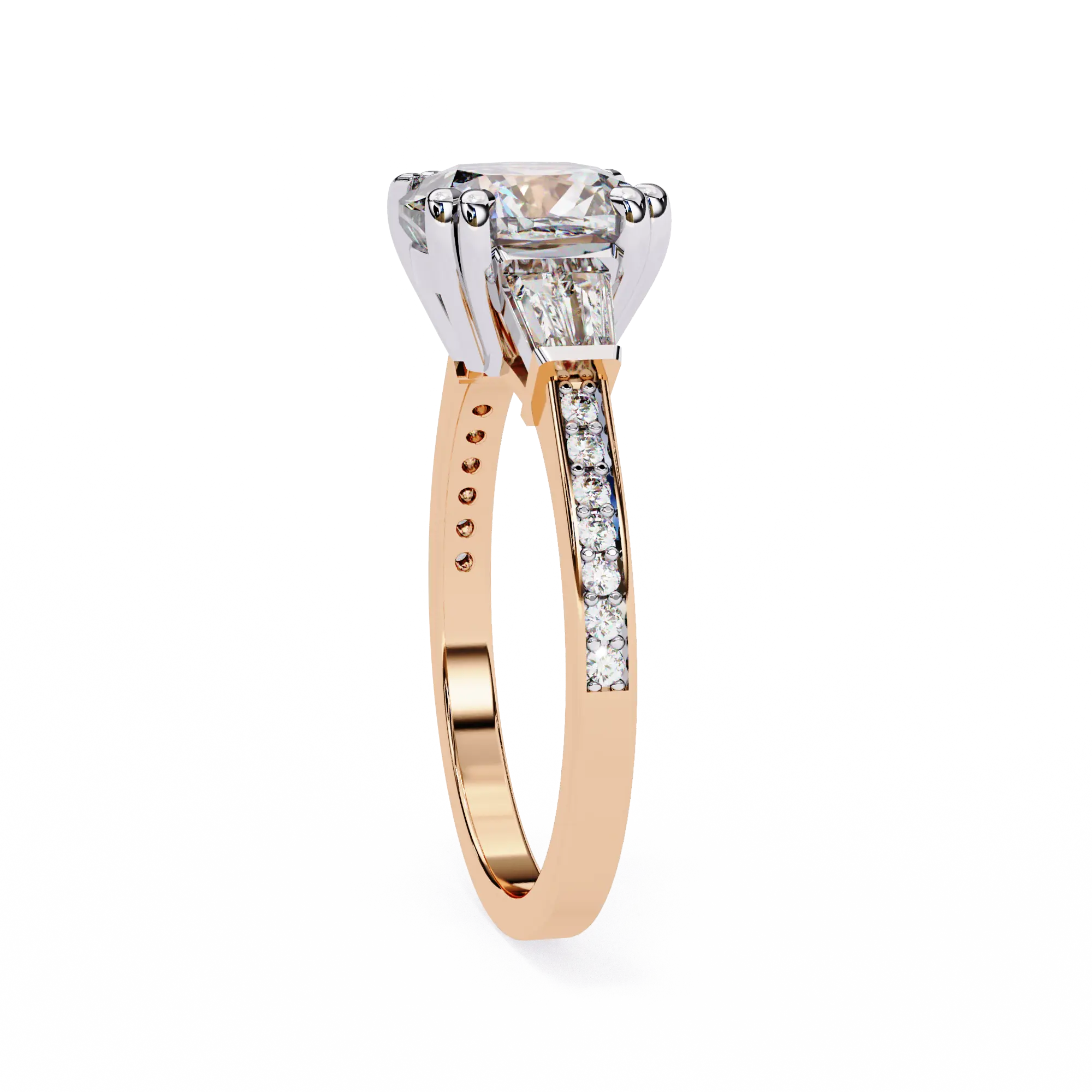 Rose gold ring with a diamond on a white background