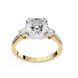 Gold ring with a large diamond and smaller diamonds on the band against a white background