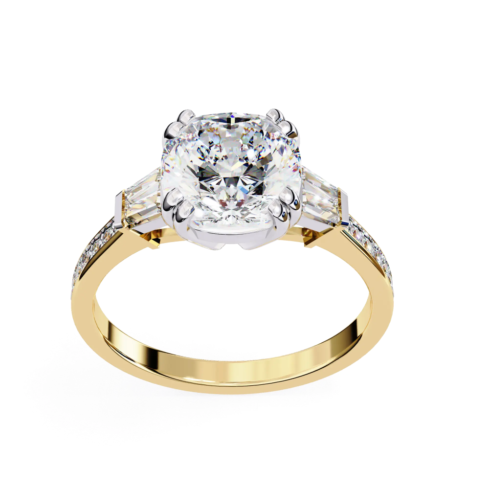 Gold ring with a large diamond and smaller diamonds on the band against a white background