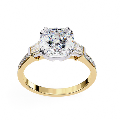 Gold ring with a large diamond and smaller diamonds on the band against a white background