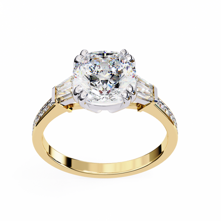 Gold ring with a large diamond and smaller diamonds on the band against a white background