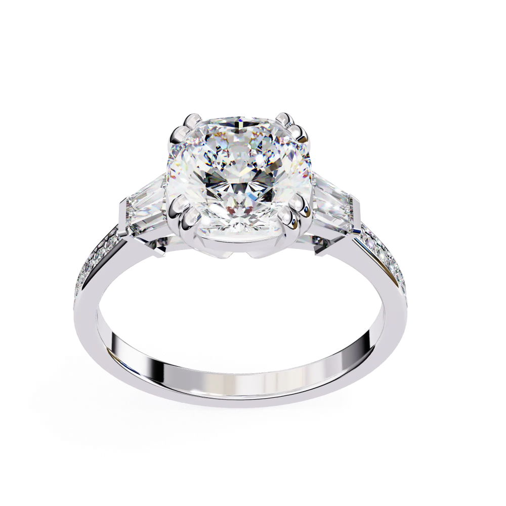 Diamond ring with a large central gemstone and smaller stones on a white background