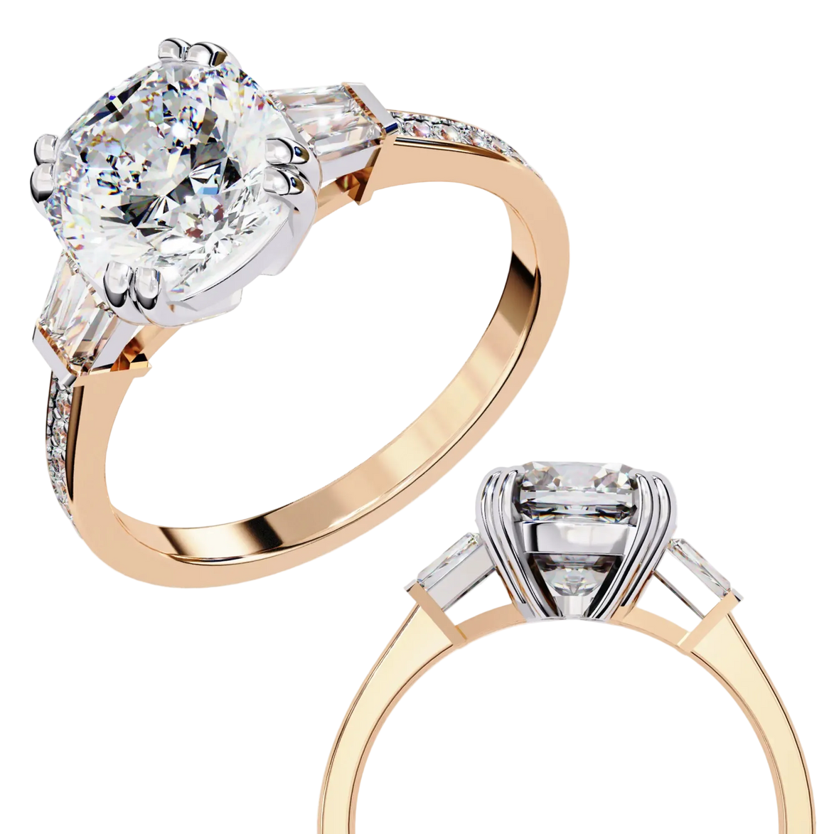Rose gold diamond ring with a white gemstone on a white background
