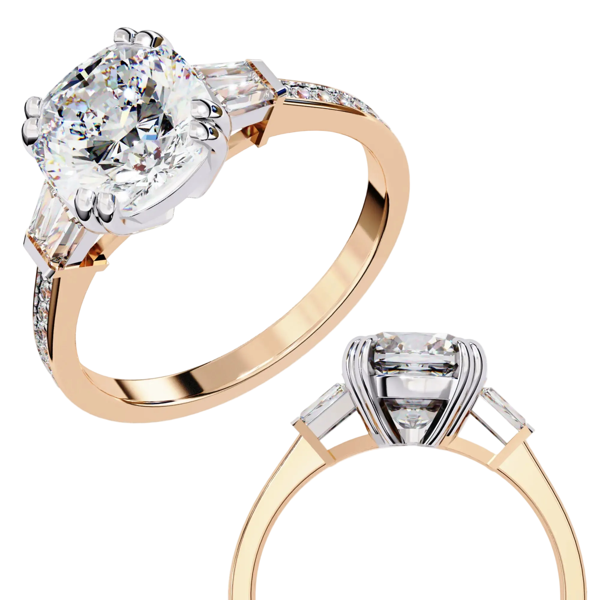Rose gold diamond ring with a white gemstone on a white background