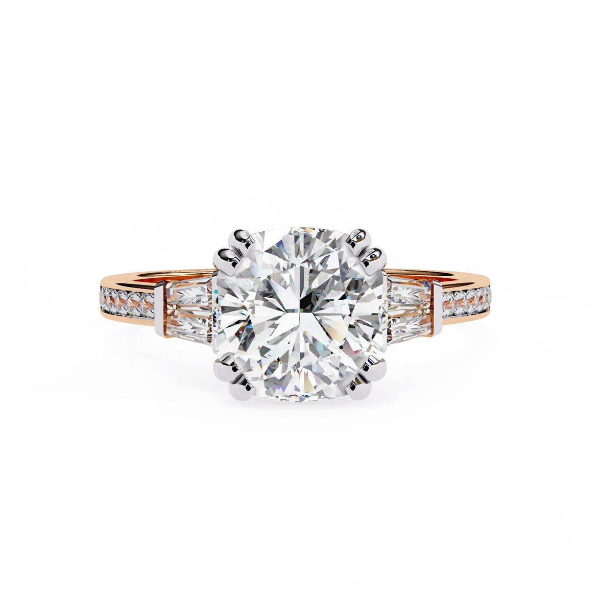 Rose gold ring with a large diamond and smaller diamonds on the sides against a white background