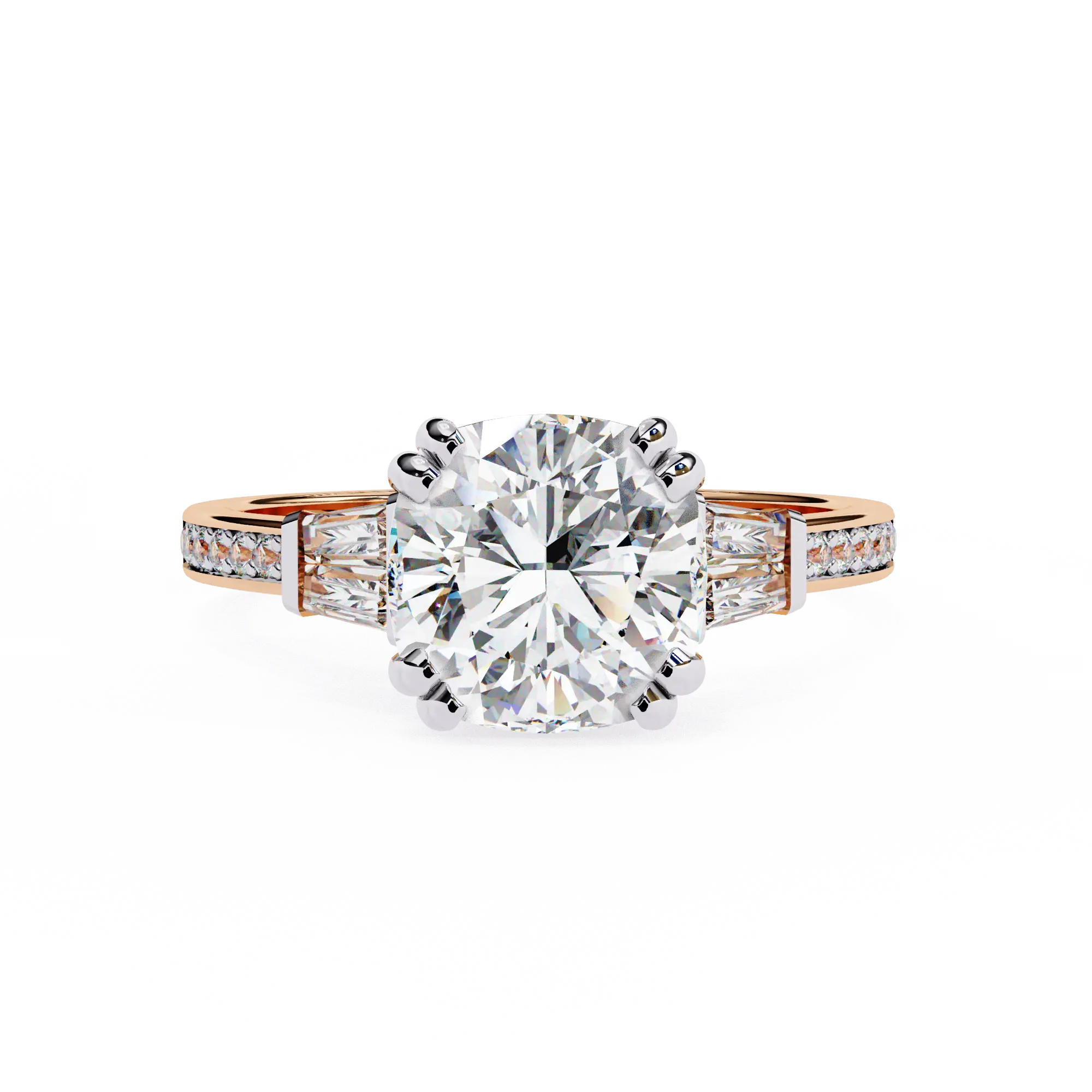 Rose gold ring with a large diamond and smaller diamonds on the sides against a white background
