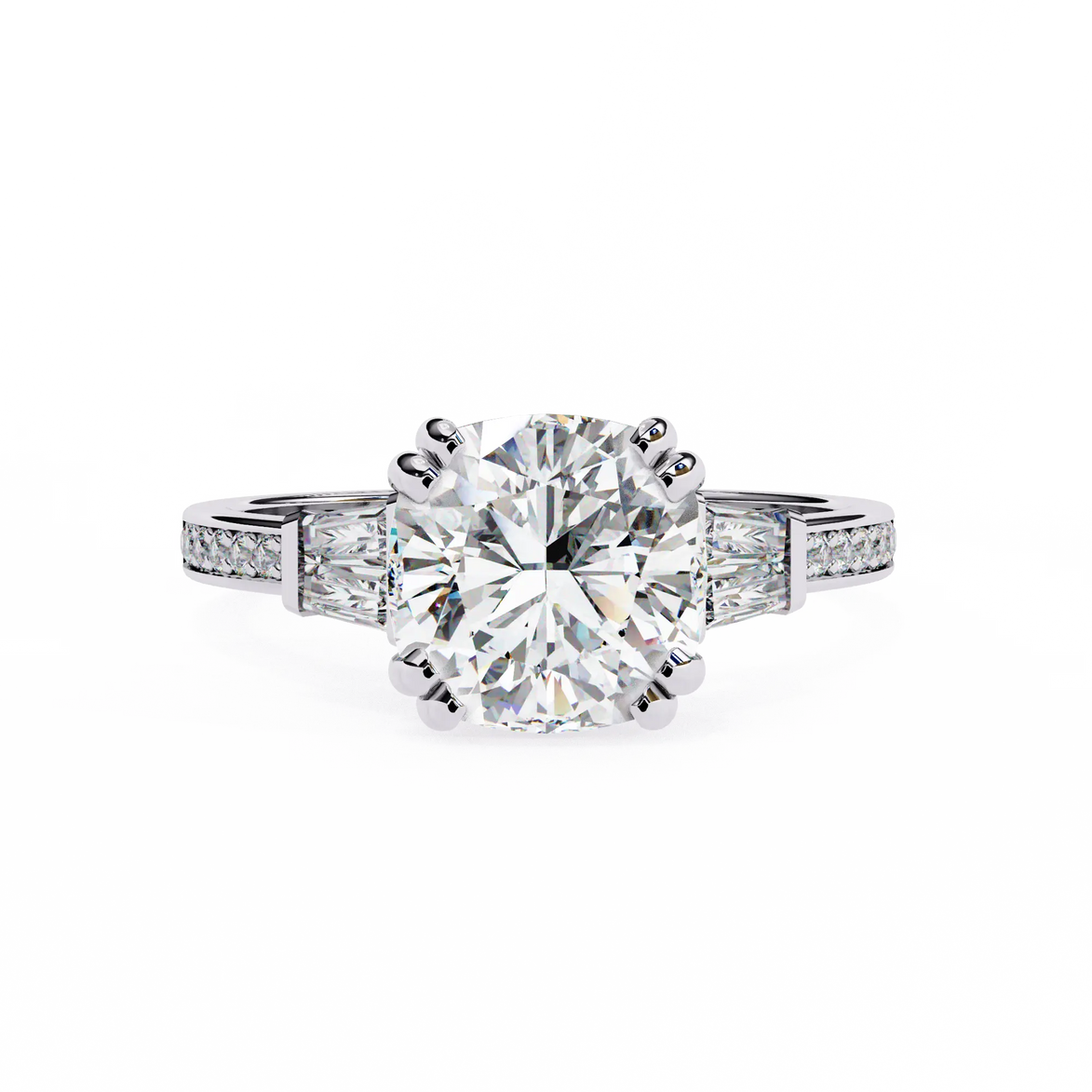 Diamond ring with a large central gemstone and smaller stones on a white background