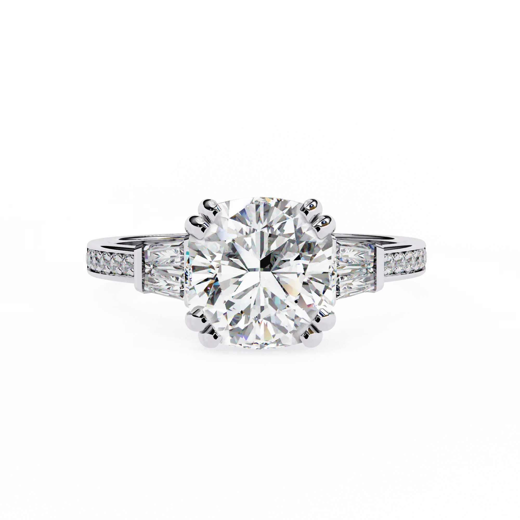 Diamond ring with a large central gemstone and smaller stones on a white background