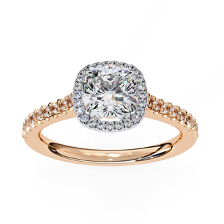 Rose gold ring with a diamond Halo on a white background