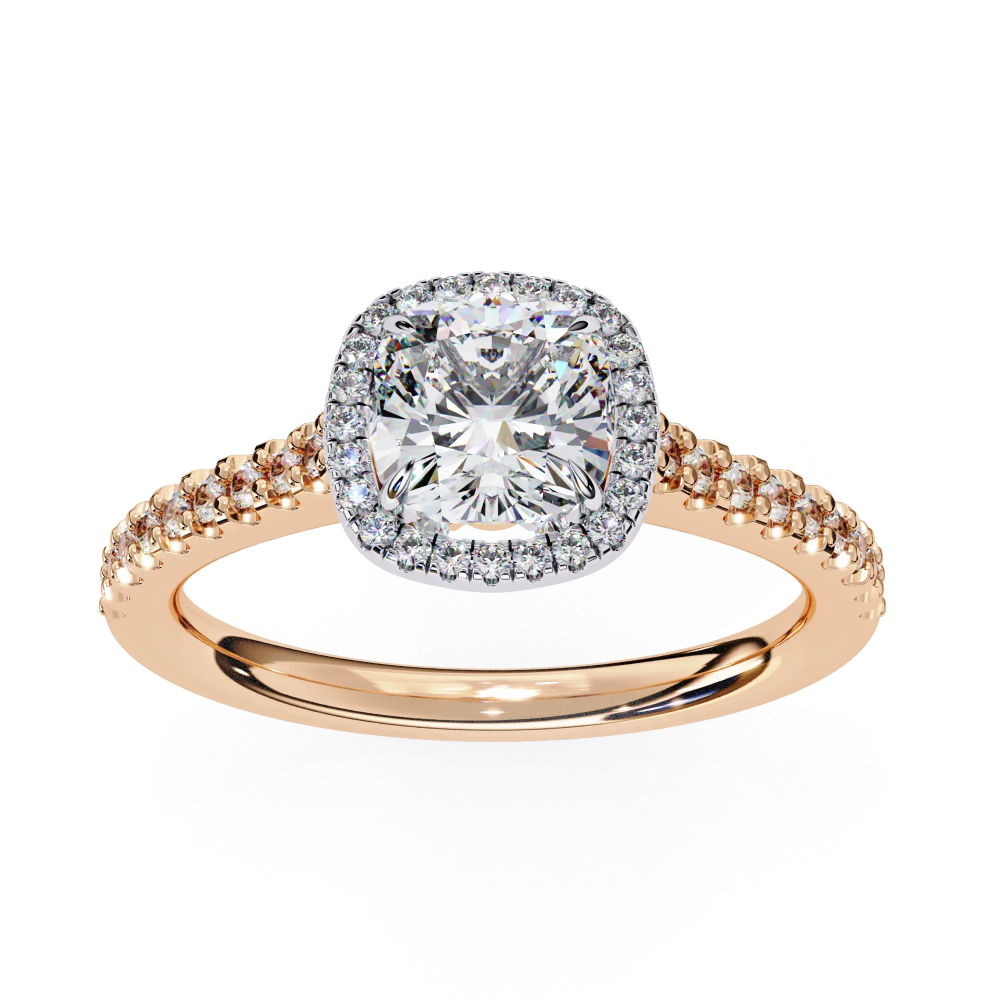 Rose gold ring with a diamond Halo on a white background
