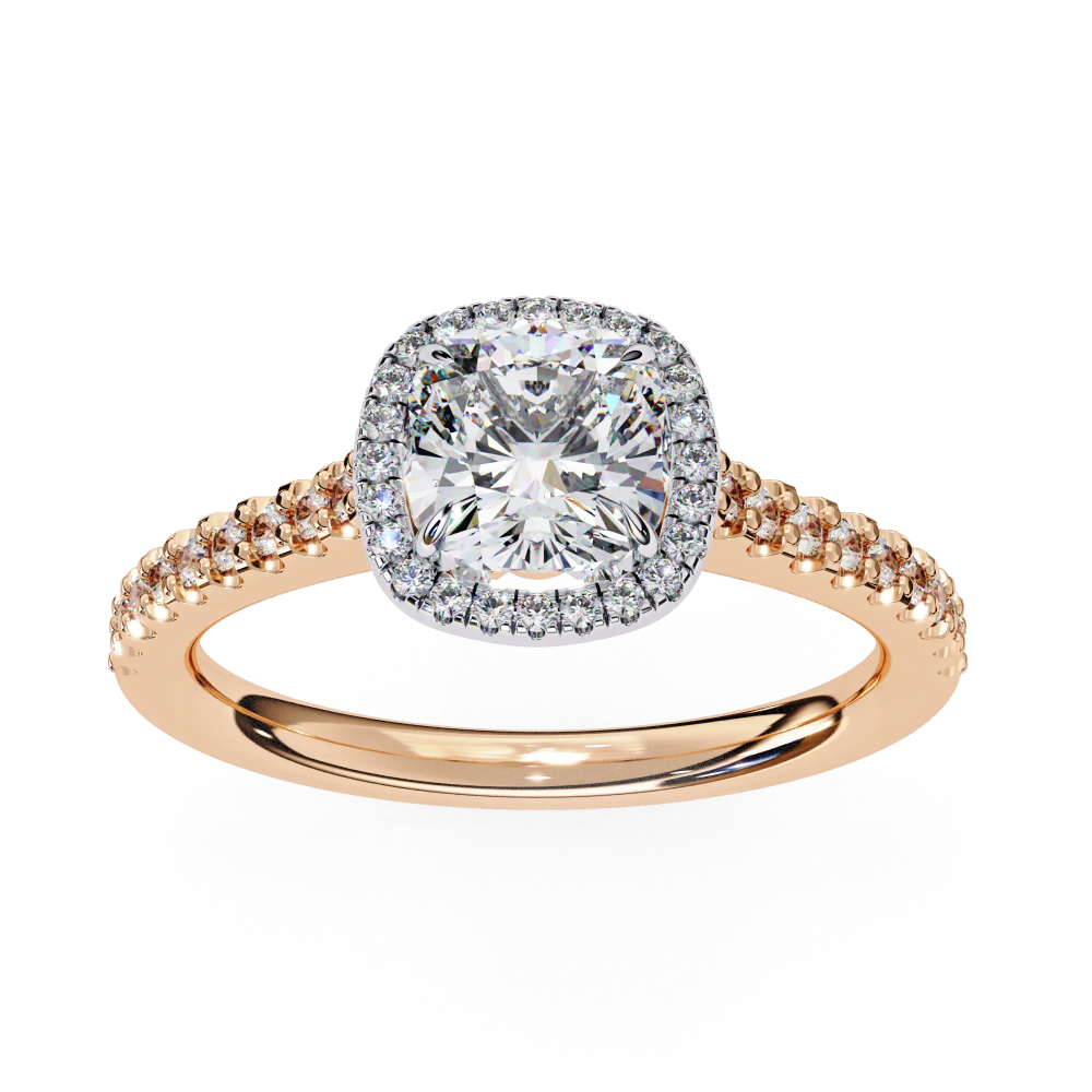 Rose gold ring with a diamond Halo on a white background