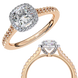 Rose gold ring with diamond Halo on a white background