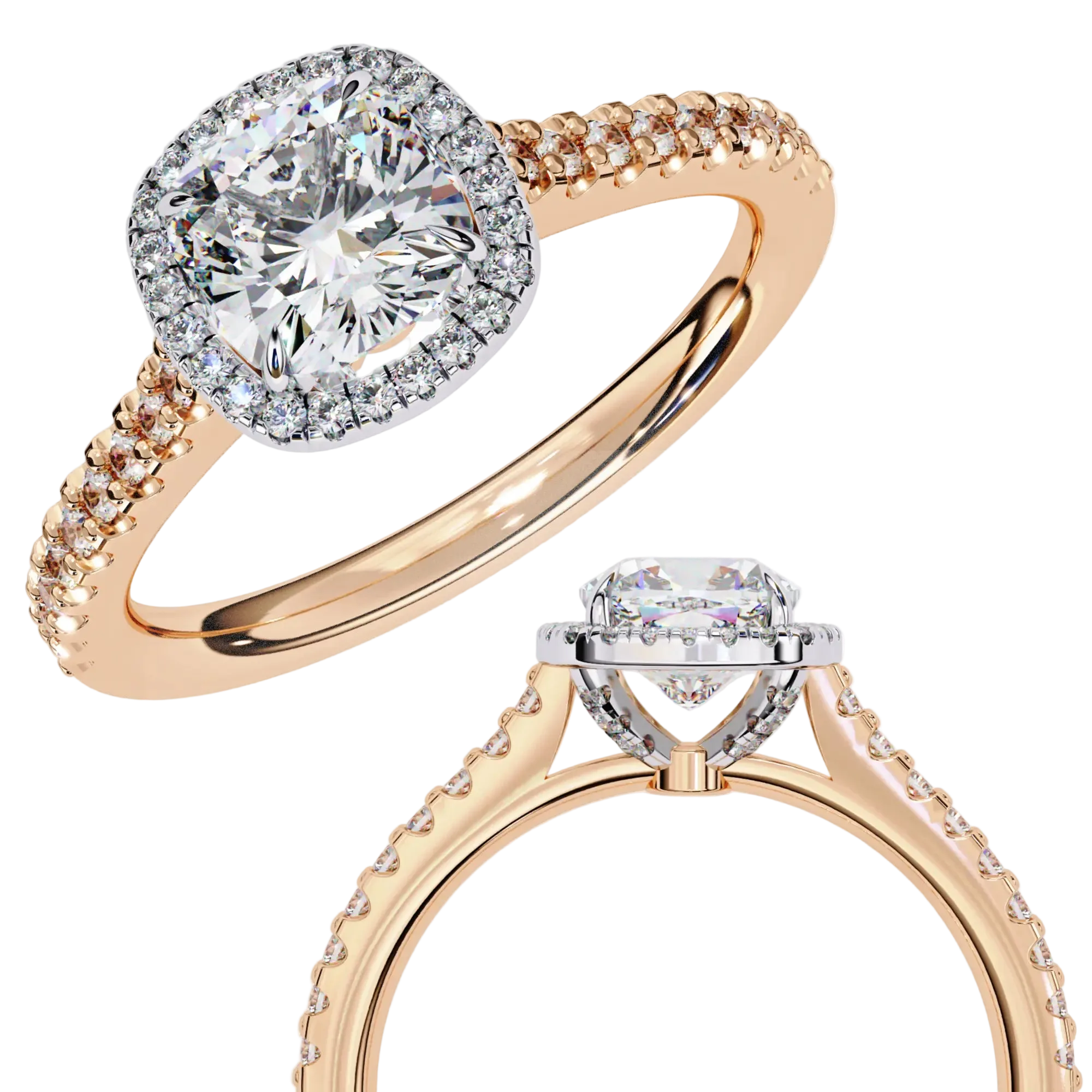 Rose gold ring with diamond Halo on a white background