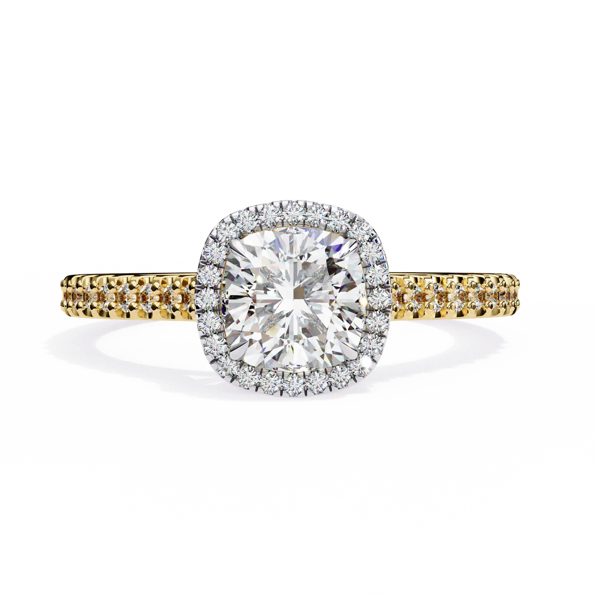 Diamond ring with yellow and white gold band on a white background