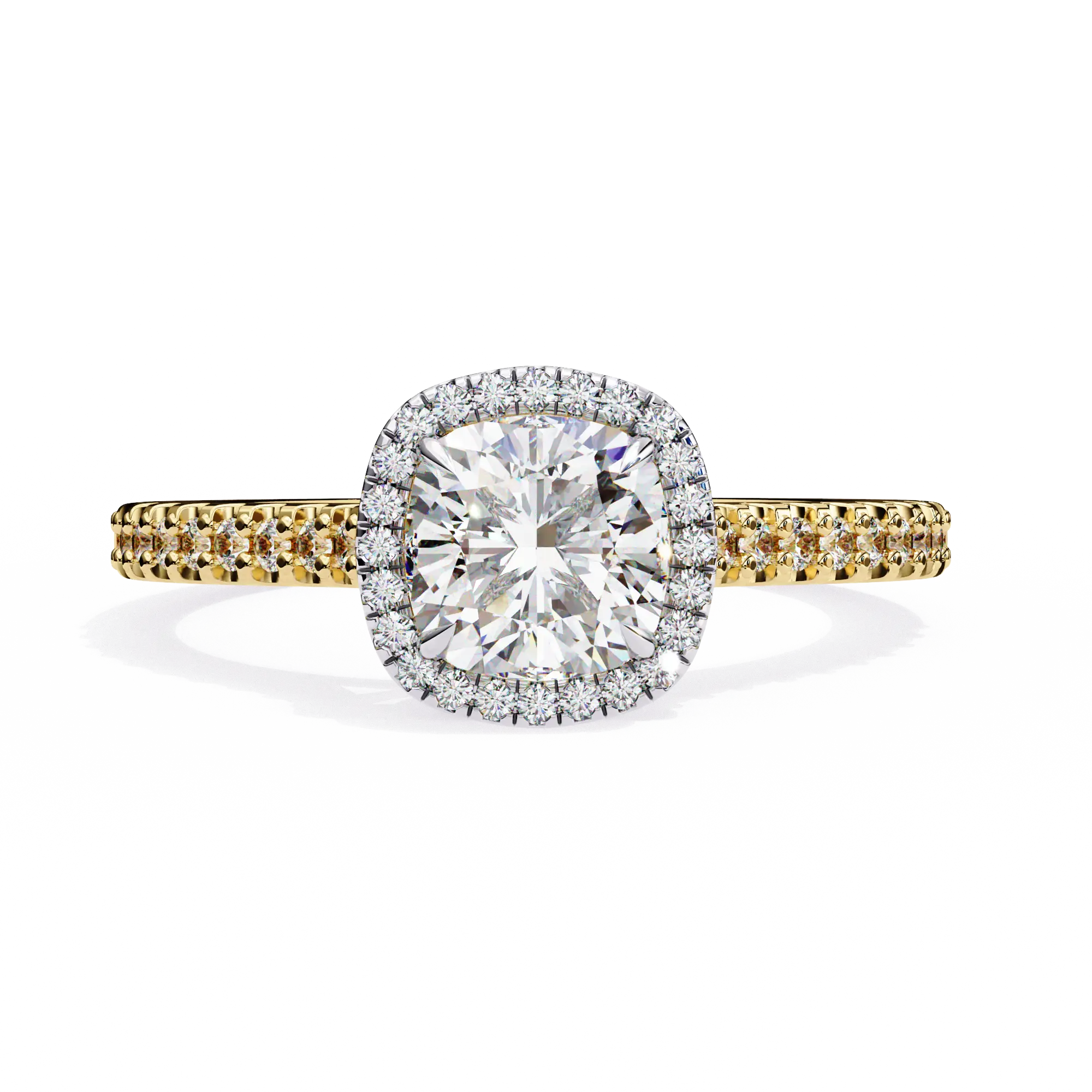 Diamond ring with yellow and white gold band on a white background