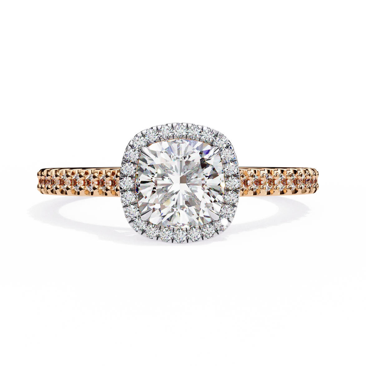 Diamond ring with rose gold band on a white background
