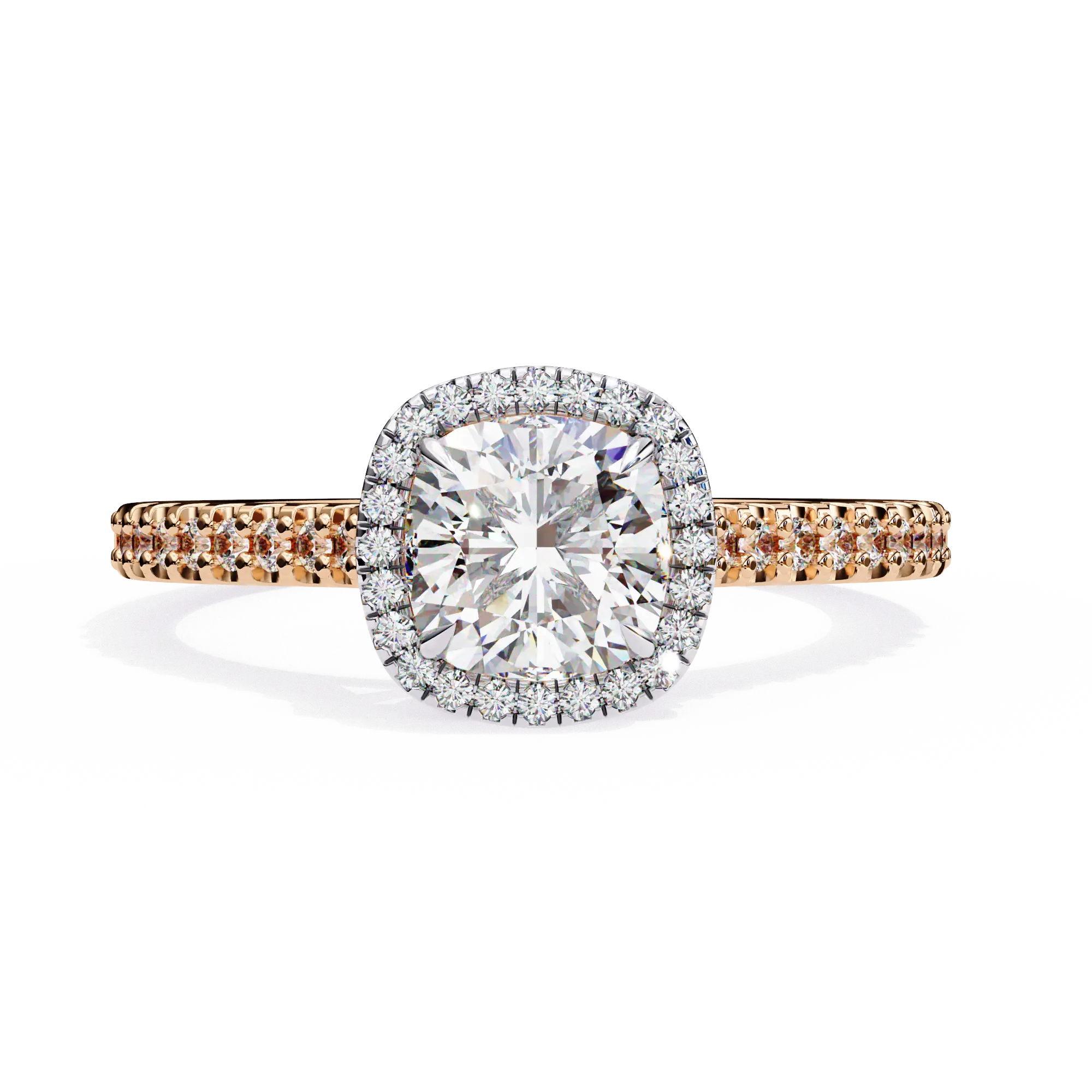 Diamond ring with rose gold band on a white background