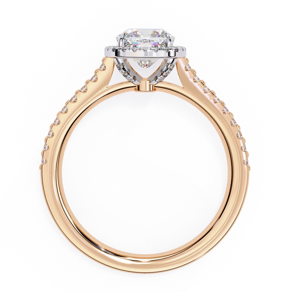 Rose gold ring with a diamond on a white background