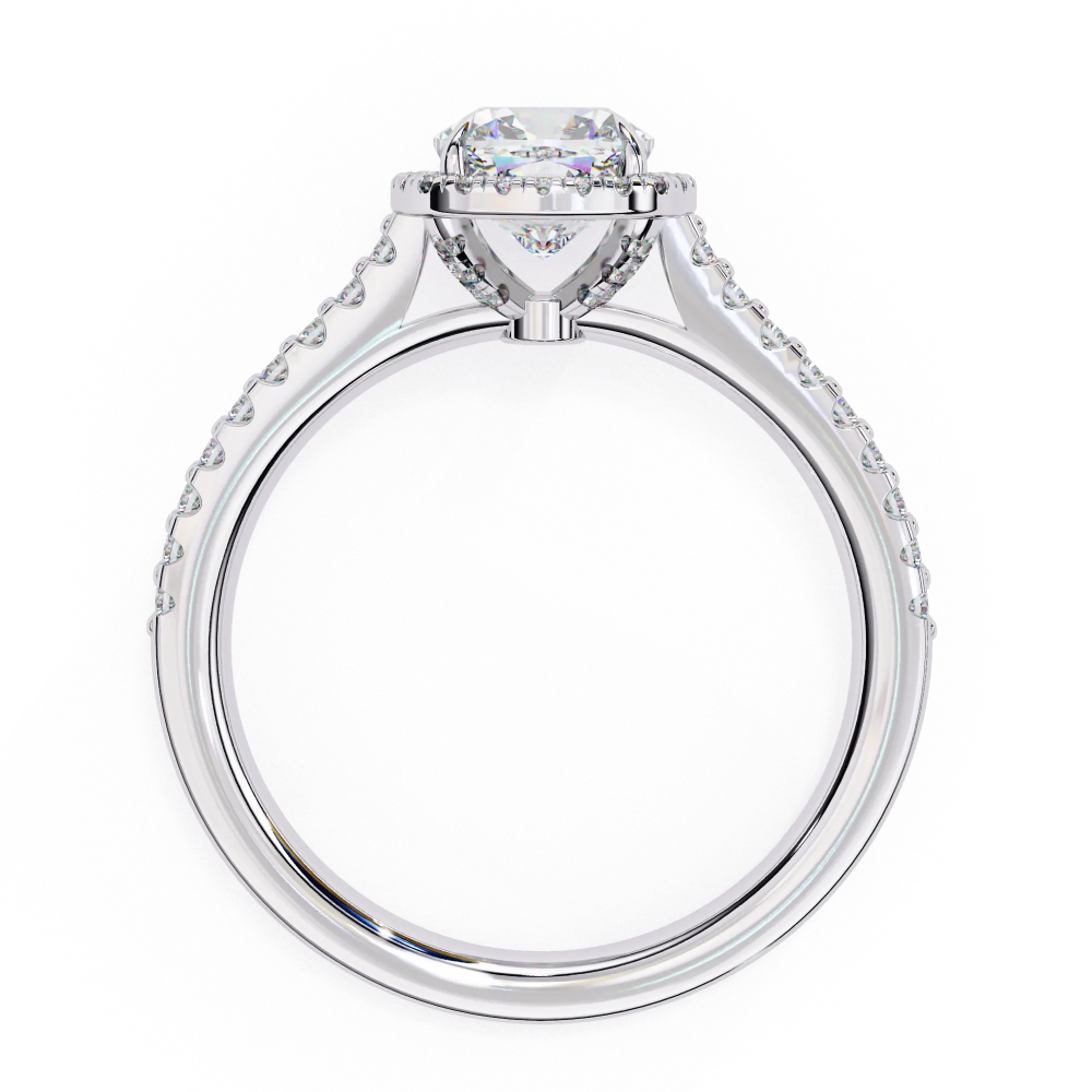 Diamond ring with a white gold band on a white background