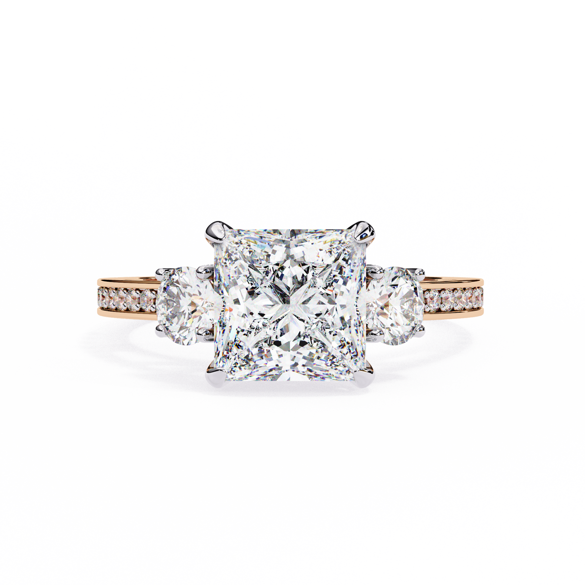 Diamond ring with a central princess-cut diamond and smaller diamonds on a white background