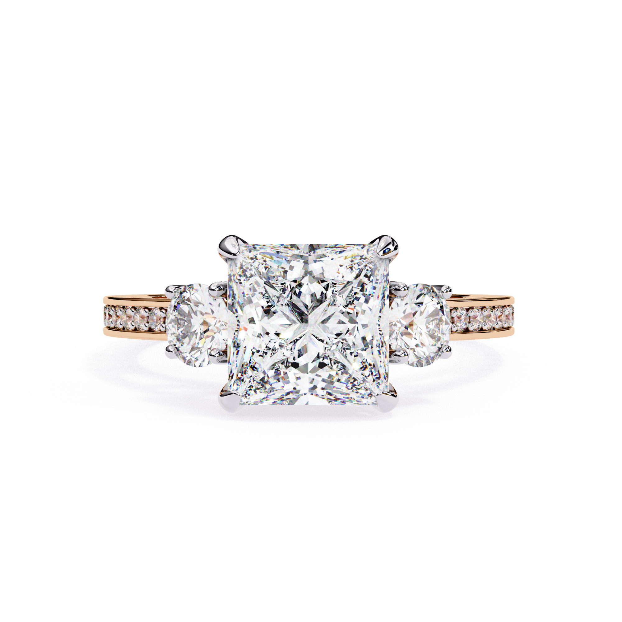 Diamond ring with a central diamond and two smaller diamonds on a white background