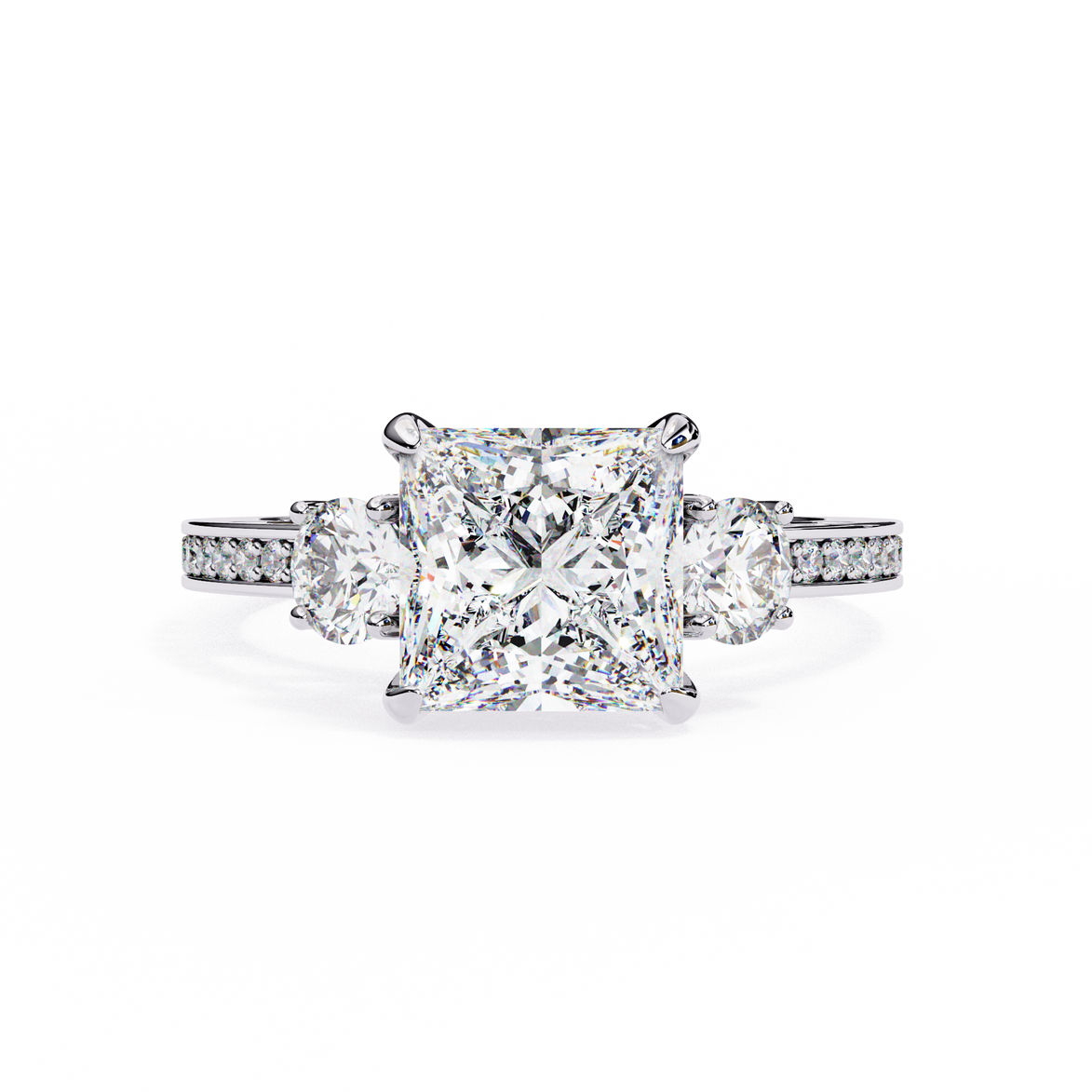 Diamond ring with a central princess-cut diamond and smaller round diamonds on a white background