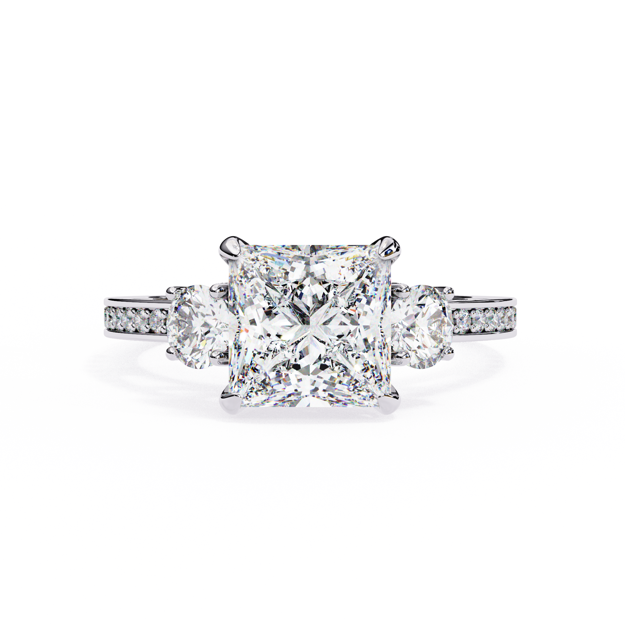 Diamond ring with a central princess-cut diamond and smaller round diamonds on a white background