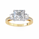 Gold ring with a central square-cut diamond and two smaller diamonds on a white background
