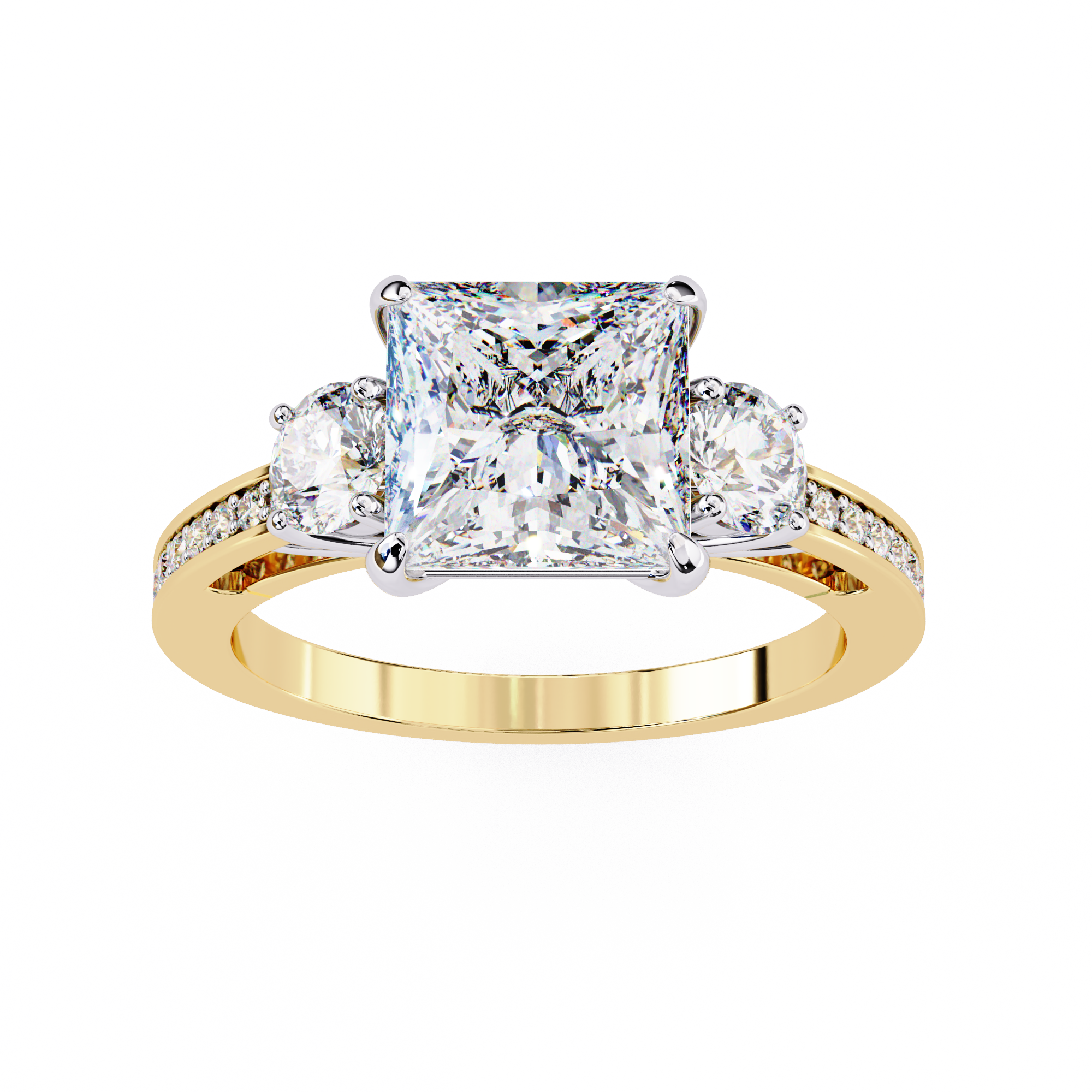 Gold ring with a central square-cut diamond and two smaller diamonds on a white background