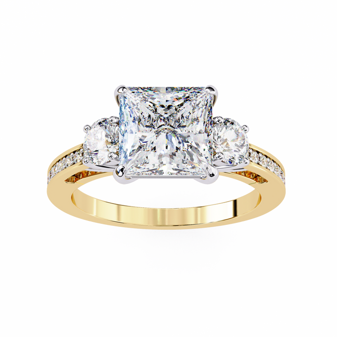 Gold ring with a central square-cut diamond and two smaller diamonds on a white background